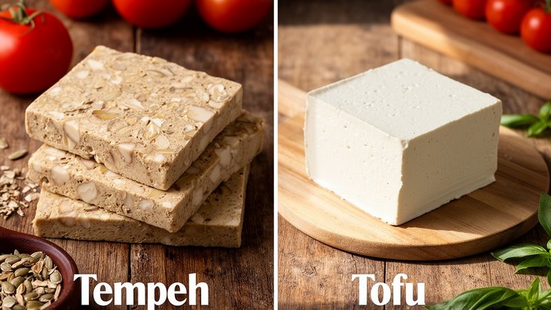 Tempeh affettato accanto a blocchi di tofu su un tagliere rustico con verdure fresche.