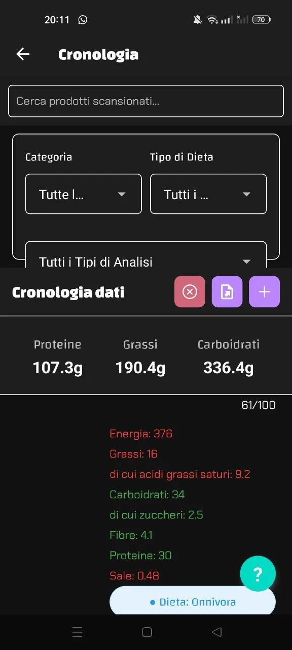 Schermata app Luminatens: punteggio 61/100 per la barretta, 33g proteine ma 9.2g grassi saturi.