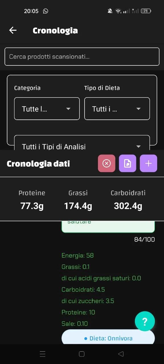 Schermata Luminatens: punteggio 84/100 per yogurt con 10g proteine, 0.1g grassi, 3.5g zuccheri.