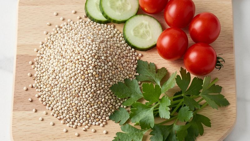 Rappresentazione visiva con ingredienti freschi relativi a Etichetta insalata di quinoa Barilla: fibre, proteine, indice. (Immagine generata con IA)