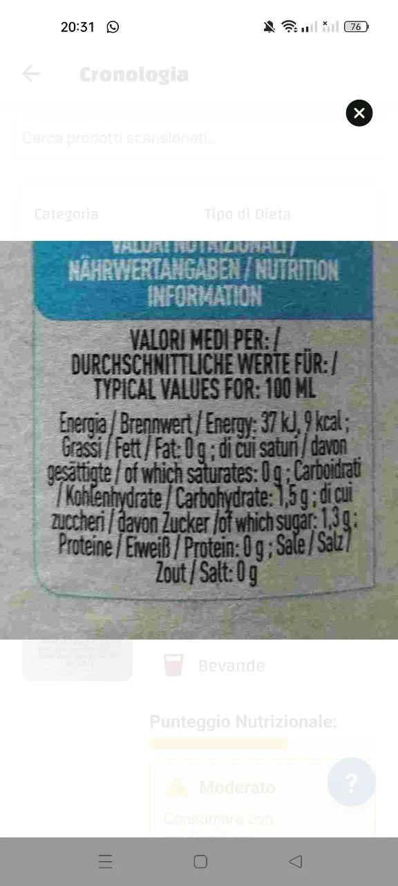 Tabella delle informazioni nutrizionali per 100 ml di sciroppo di amarena Toschi.