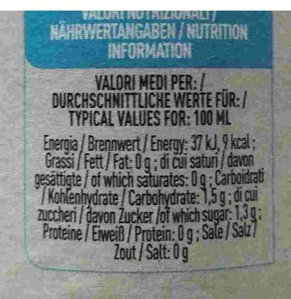 Tabella delle informazioni nutrizionali per 100 ml di sciroppo di amarena Toschi.