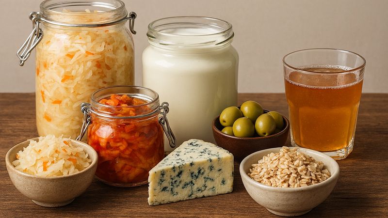 Varie ciotole di cibi fermentati: yogurt, kefir, kimchi, crauti e kombucha, disposti su un tavolo rustico con erbe fresche.