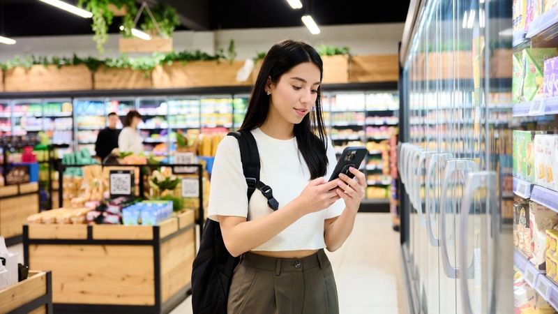 Una giovane donna consulta lo smartphone mentre fa la spesa in un supermercato moderno e ben illuminato