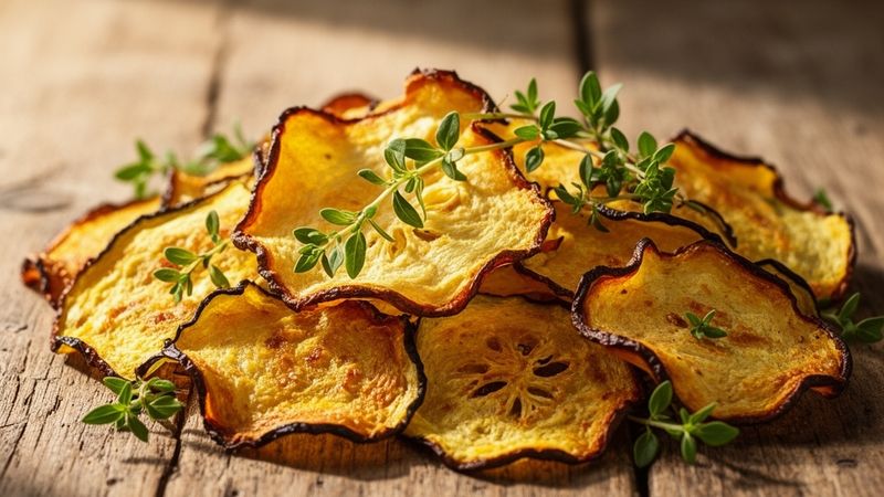 Chips di patate e carote al forno con rosmarino e timo su tavolo di legno