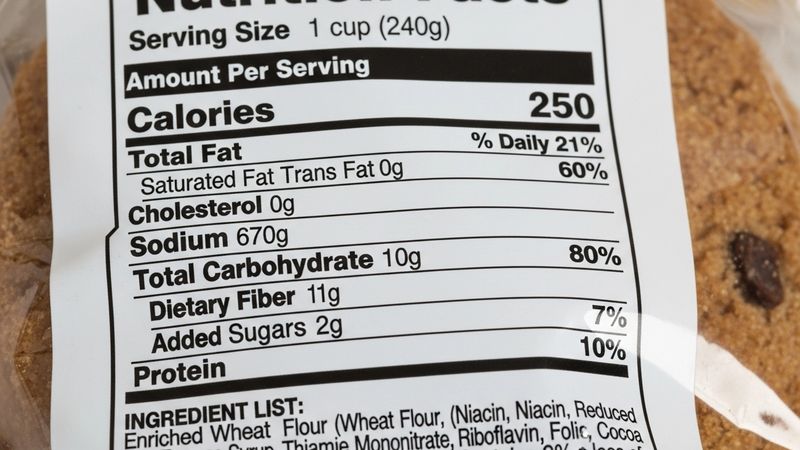 Close-up of a nutrition facts label on a packaged food item, showing serving size, calories, and ingredient list.
