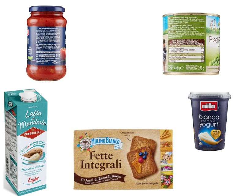 Collage di prodotti come sughi, piselli in scatola e latte d'avena che contengono zuccheri aggiunti nascosti.