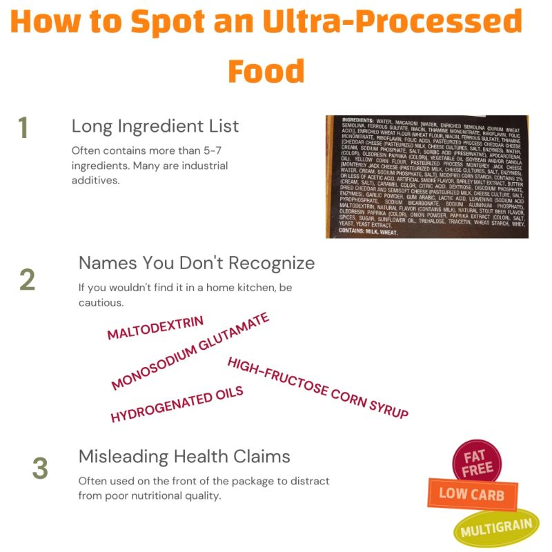 An infographic explaining how to identify ultra-processed foods by checking for a long ingredient list, unfamiliar names, and health claims on the packaging.