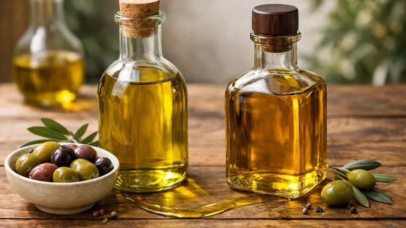 A beautiful comparison between Italian Olive Oil and Spanish Olive Oil with fresh ingredients.
