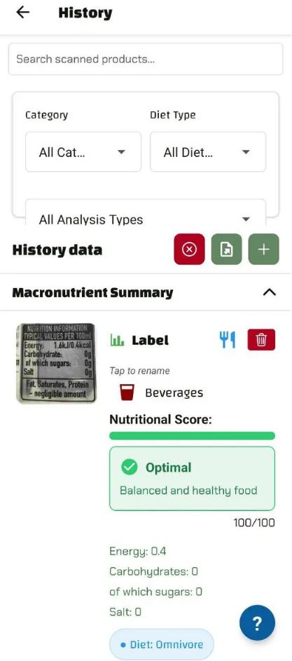 Screenshot from the Luminatens app showing a 100/100 "Optimal" nutritional score for Diet Coke based on its zero-value nutrition facts.