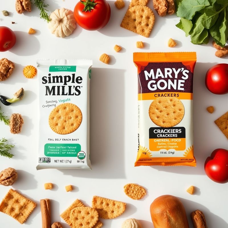 Fresh ingredients for Simple Mills and Mary's Gone Crackers on a cutting board.