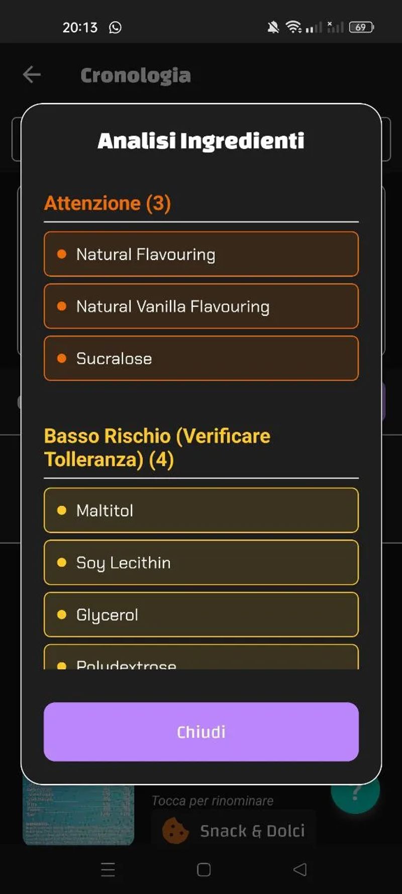 Analisi Ingredienti Luminatens: sucralosio e aromi artificiali segnalati, maltitolo a basso rischio.