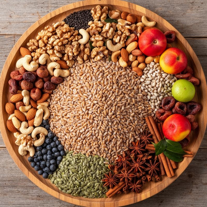Ingredienti colorati come pomodorini ciliegino , zucchine ed erbe aromatiche pronti per essere combinati con il farro.