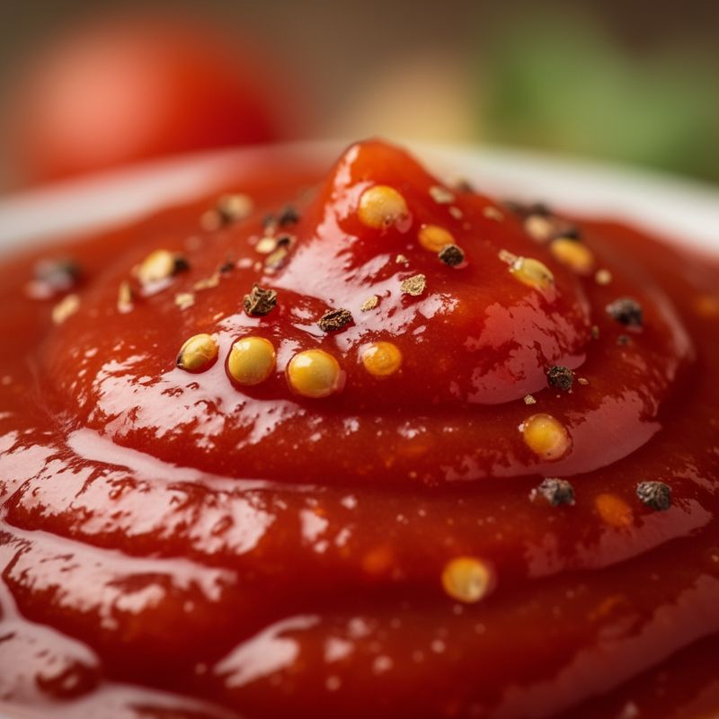 Dettaglio macro della texture del ketchup fatto in casa con semi di pomodoro visibili.