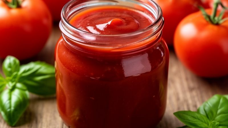 Ketchup fatto in casa senza zucchero in un barattolo di vetro su tavolo di legno con pomodori freschi e basilico.