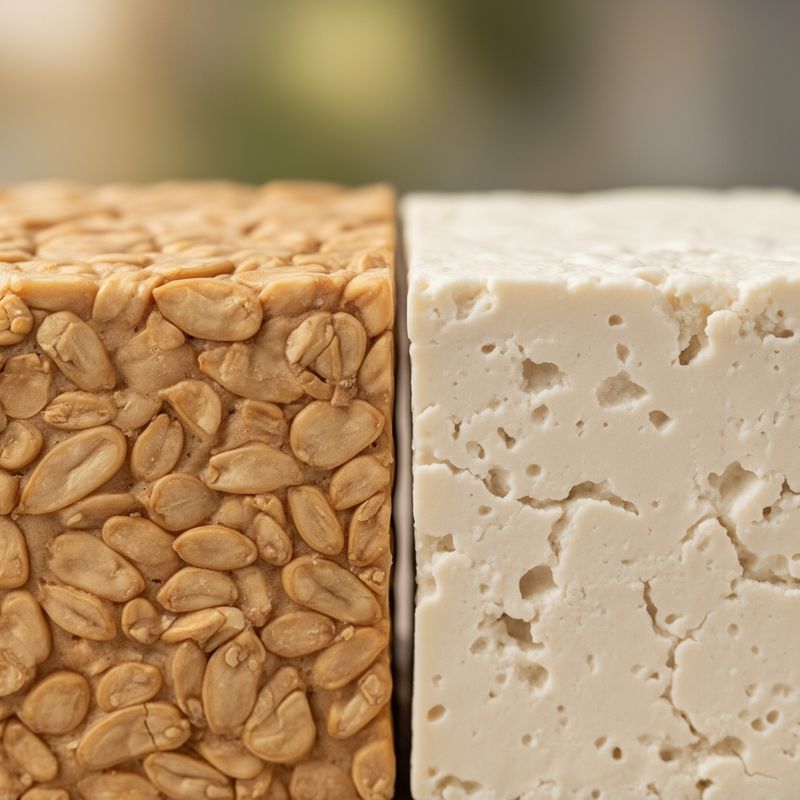 Dettaglio ravvicinato delle texture contrastanti del tempeh granuloso ed il tofu compatto.