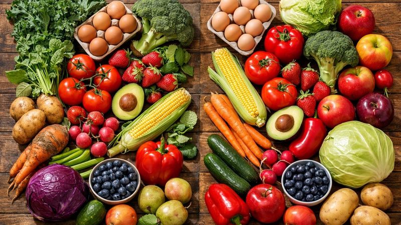 A beautiful comparison between Organic and Non-Organic Food with fresh ingredients.