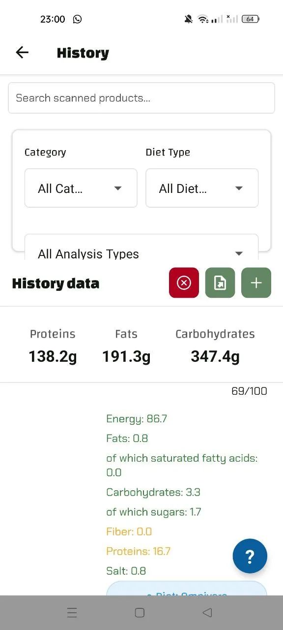 Luminatens app scan results for turkey breast showing 16.7g protein, 0.8g fat, and 3.3g carbohydrates per 100g with detailed nutrient breakdown.