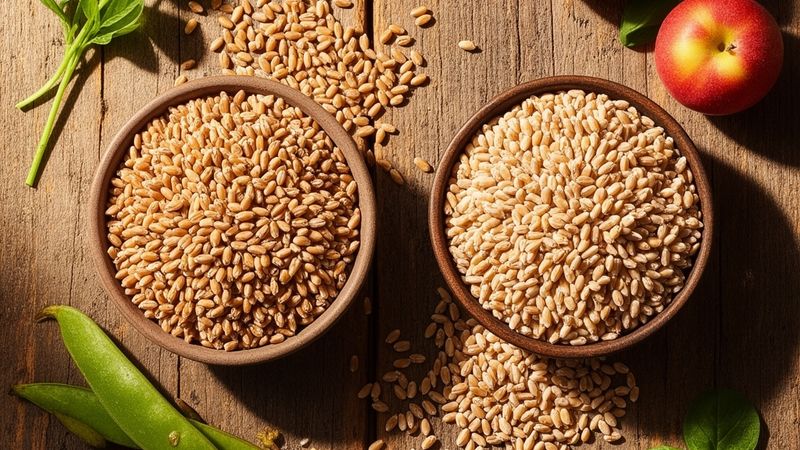 Chicchi dorati di farro integrale accanto a chicchi più chiari del farro raffinato su un tavolo in legno.