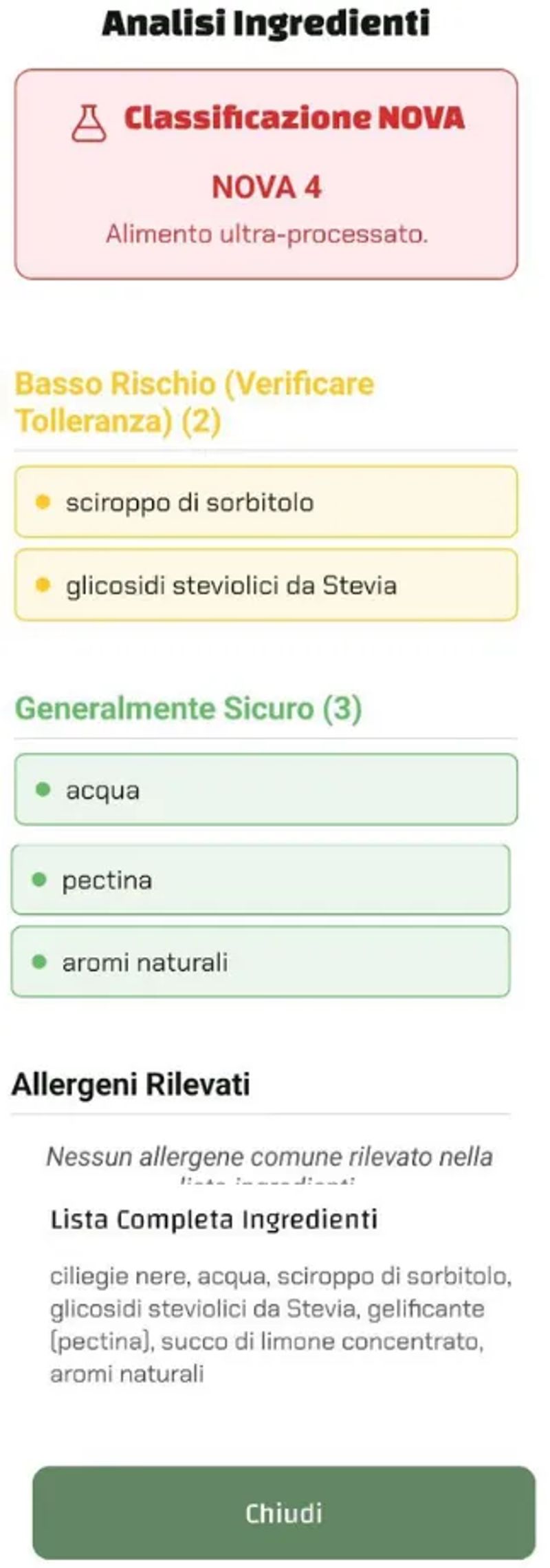 Schermata di Luminatens che analizza una confettura e mostra lo sciroppo di sorbitolo, i glicosidi steviolici e la classificazione NOVA 4.
