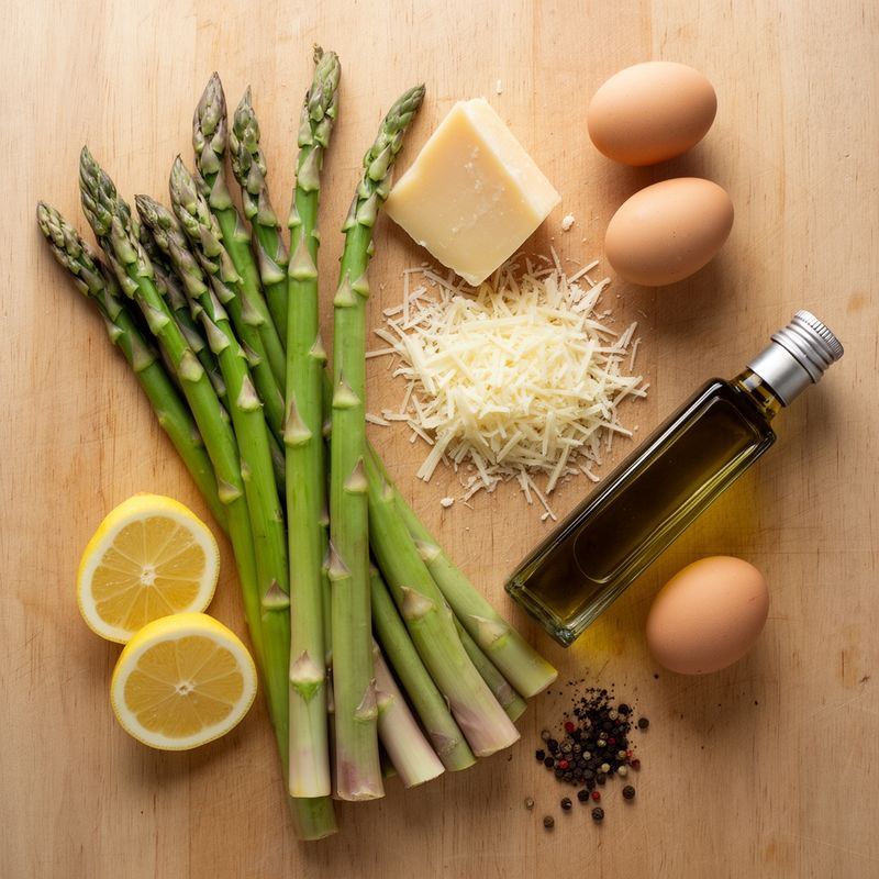 Overhead view of fresh ingredients for the Spring Quinoa Salad: quinoa, asparagus, radishes, pistachios, and lemon, ready to be combined into a vibrant and nutritious meal.