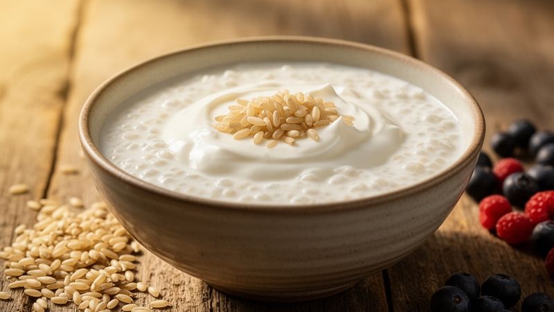 Kefir di riso e yogurt greco a confronto su tavolo di legno naturale