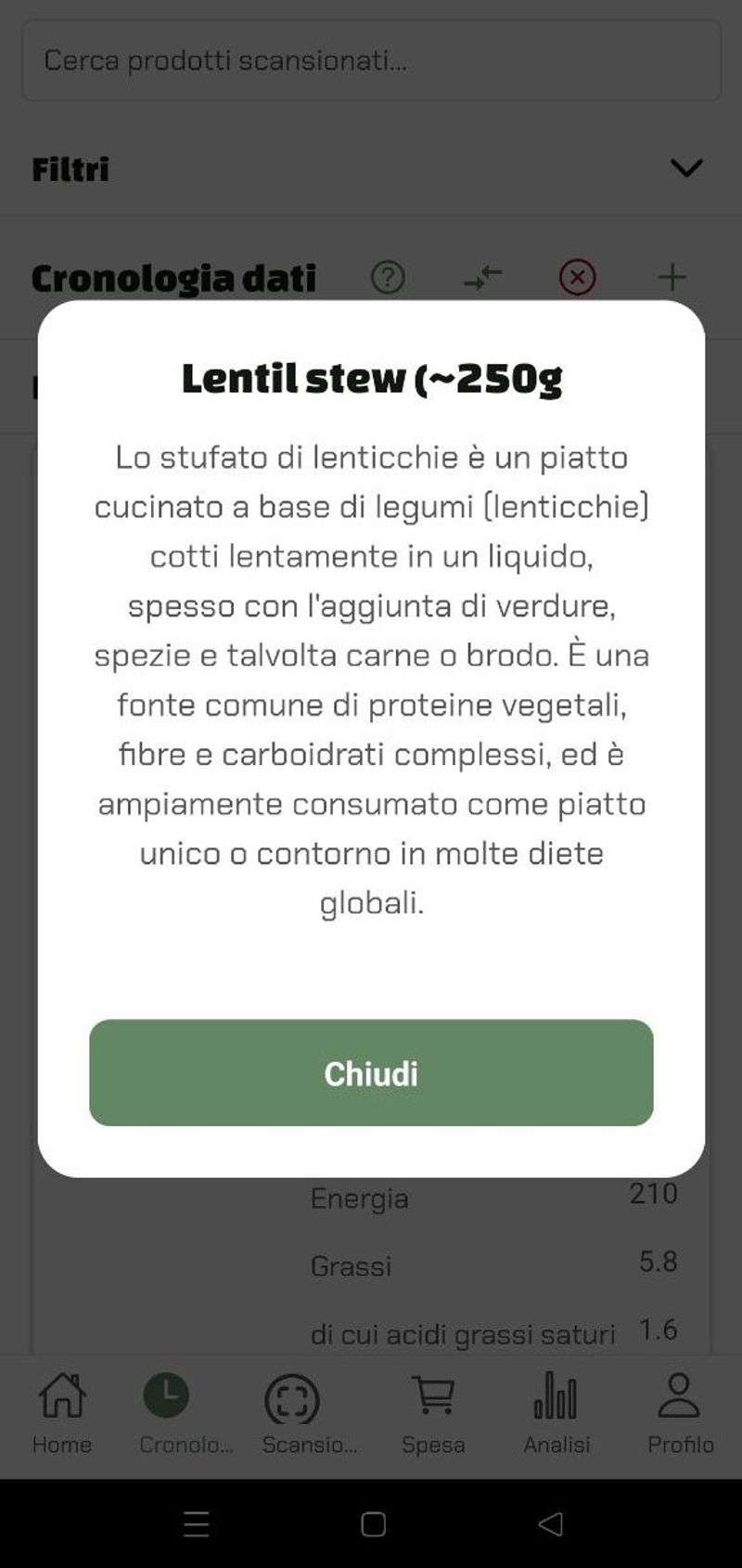 Popup informativo sull'app Luminatens che descrive in dettaglio le caratteristiche nutrizionali e l'origine dello stufato di lenticchie.