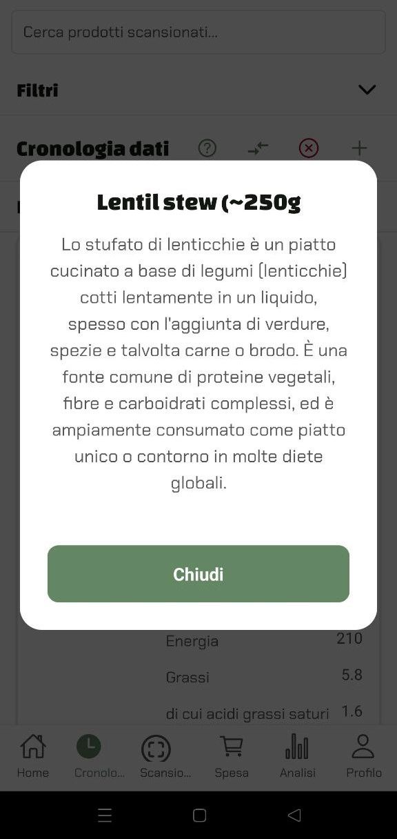 Popup informativo sull'app Luminatens che descrive in dettaglio le caratteristiche nutrizionali e l'origine dello stufato di lenticchie.