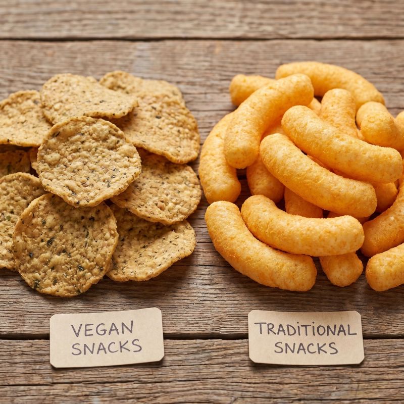 Dettaglio texture di Snack vegani e tradizionali.