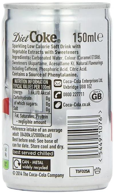 Diet Coke nutrition label showing 0.4 kcal, 0g of sugar, and ingredients including Aspartame and Caramel E150d.