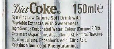 Diet Coke nutrition label showing 0.4 kcal, 0g of sugar, and ingredients including Aspartame and Caramel E150d.