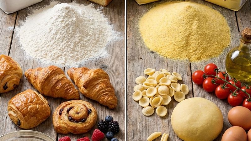 A beautiful comparison between Soft Wheat Flour and Durum Wheat Flour with fresh ingredients.