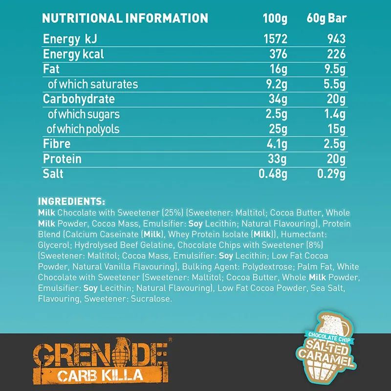 Etichetta barretta Grenade: 33g proteine, 16g grassi, dolcificanti (maltitolo, sucralosio).