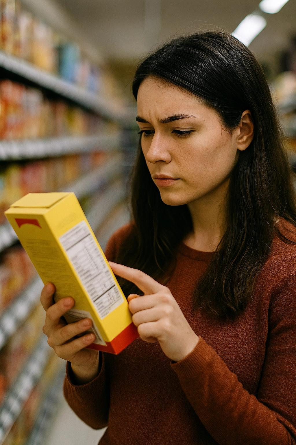 A person closely examining the Nutrition Facts label on a packaged food item in a grocery store aisle.