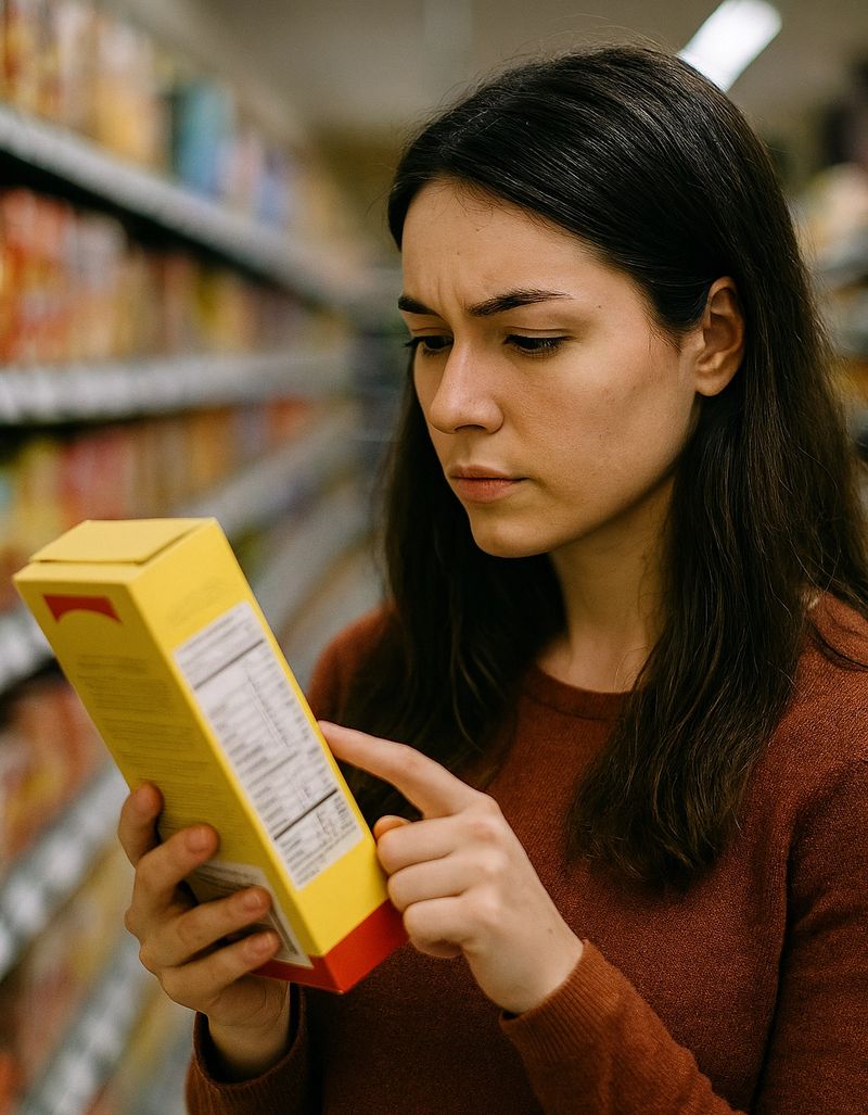 A person closely examining the Nutrition Facts label on a packaged food item in a grocery store aisle.