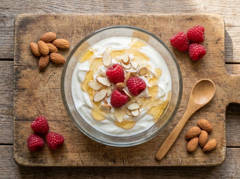 Yogurt with honey, almonds and raspberries on a wooden surface.