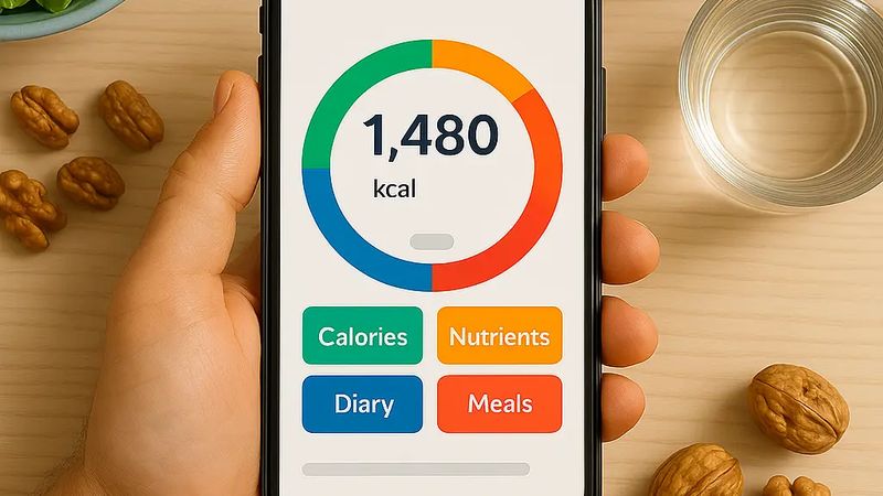 Una persona che usa un'app per la nutrizione sul proprio smartphone per analizzare alimenti sani.