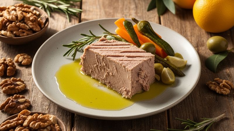 Una bella selezione di ingredienti per Tonno al naturale con olio di oliva e verdure.
