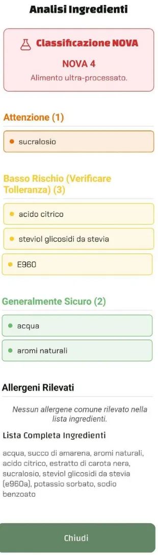 Schermata di Luminatens che analizza uno sciroppo e rileva sucralosio e glicosidi steviolici.