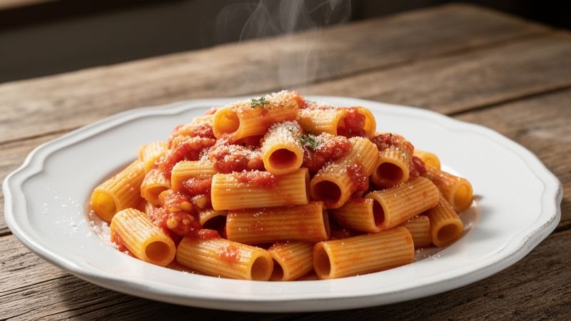 Pasta rigatoni appena scolata con salsa di pomodoro, pronta per essere gustata