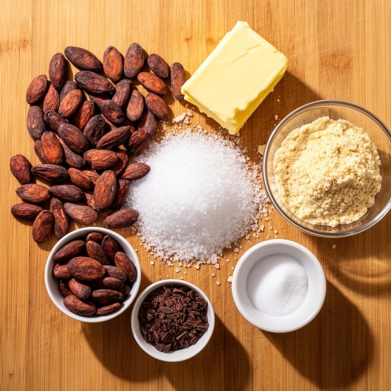 Gli ingredienti base per una ricetta di cioccolato senza zuccheri: grani di cacao, eritritolo e farina di mandorle, pronti per essere trasformati.