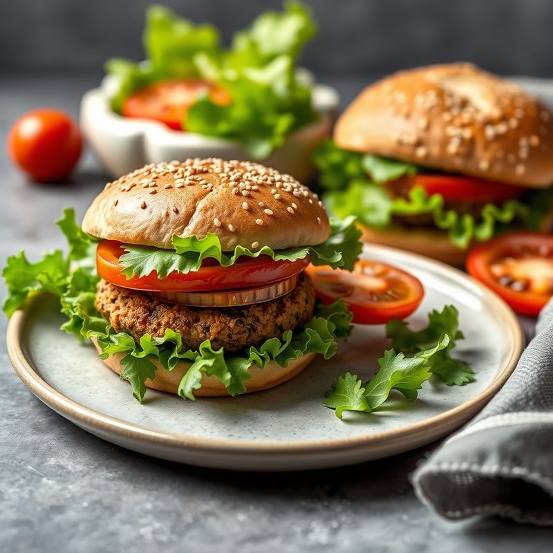 Two plant-based vegetable burgers with fresh salad ingredients.