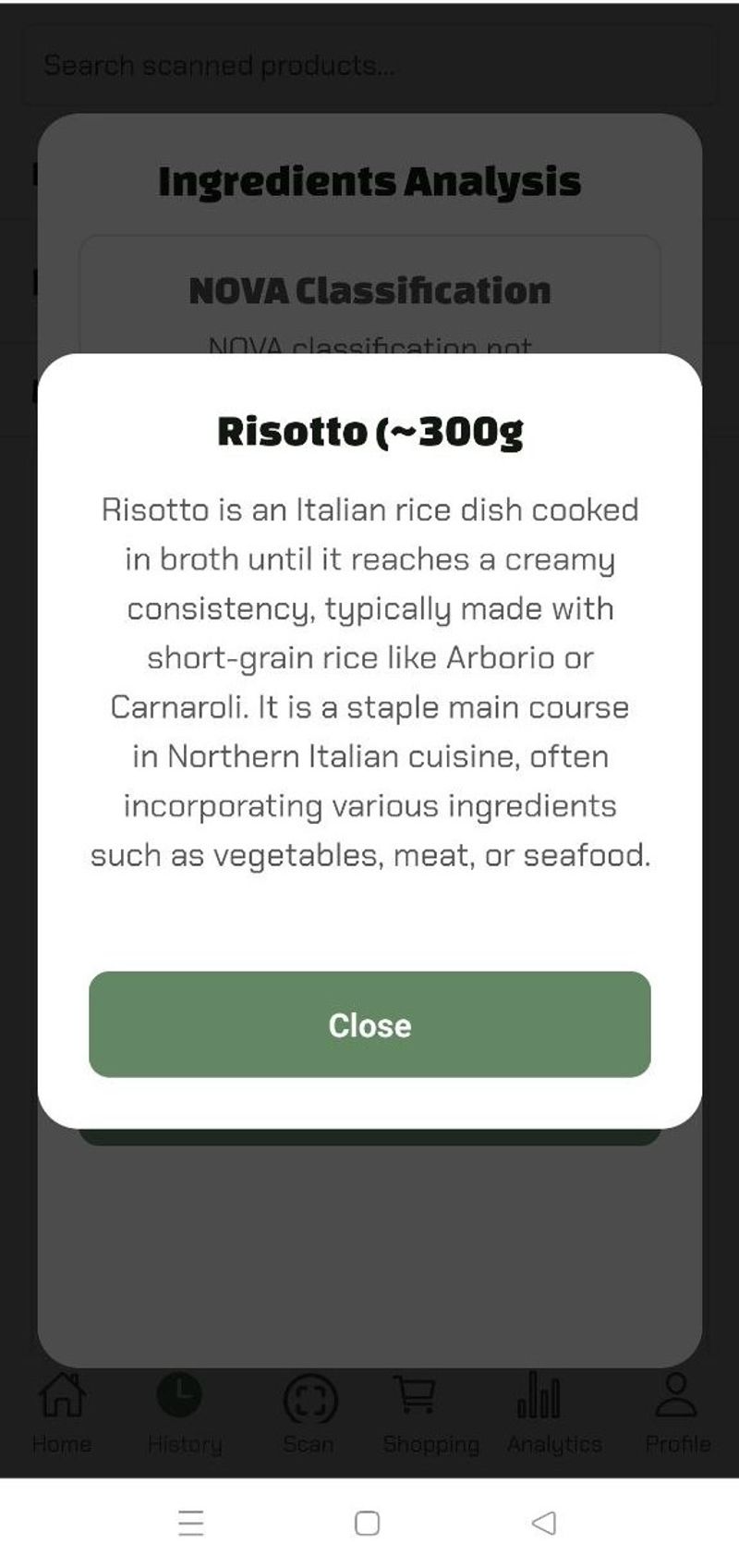 An informational popup in the Luminatens app providing a detailed description. of what risotto is.
