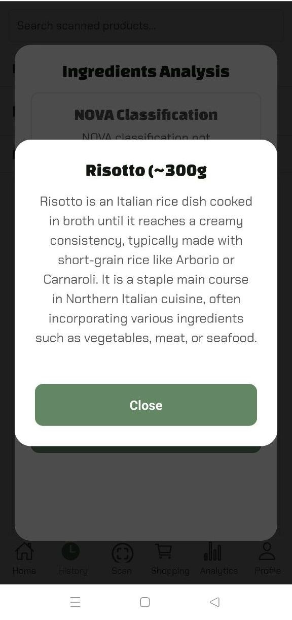 An informational popup in the Luminatens app providing a detailed description. of what risotto is.