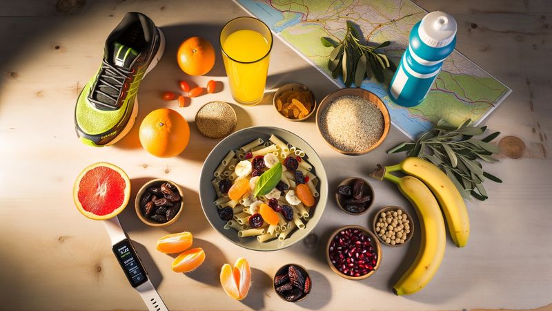 Vista dall'alto di attrezzatura sportiva, frutta, pasta e alimenti energetici su un tavolo in legno.