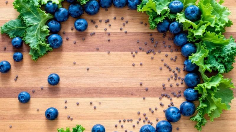 Superfood colorati come mirtilli, kale e semi di chia disposti in uno schema vivace.