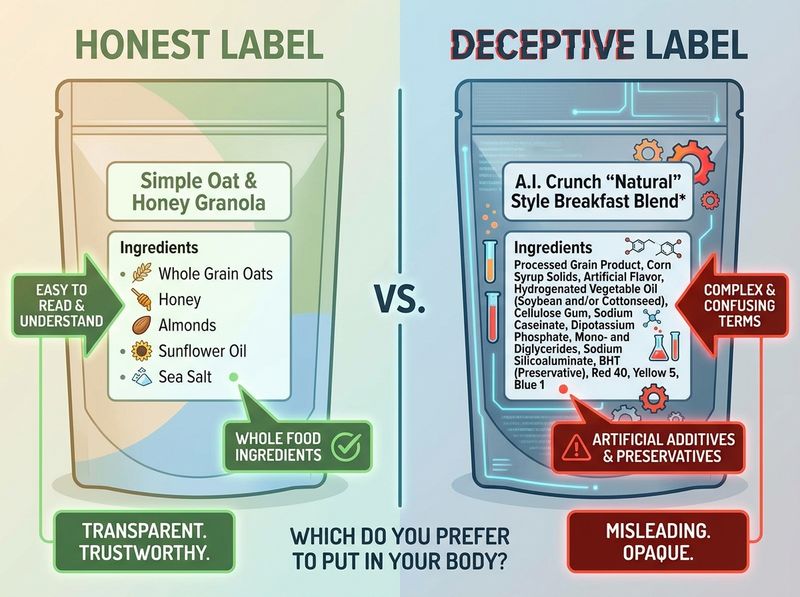 Abstract comparison between front-of-pack claims and nutrition facts with no brand names.