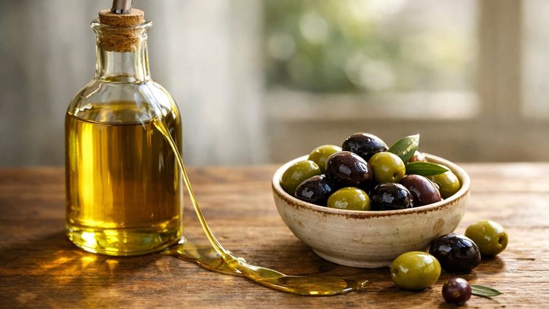 Confronto tra Olio d'oliva extravergine e vergine con ingredienti freschi.