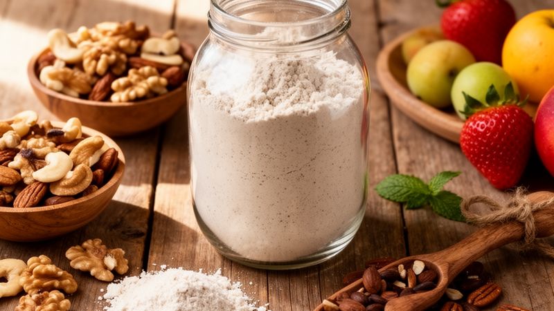 A lovely selection of ingredients for gluten-free protein pancake mixes.