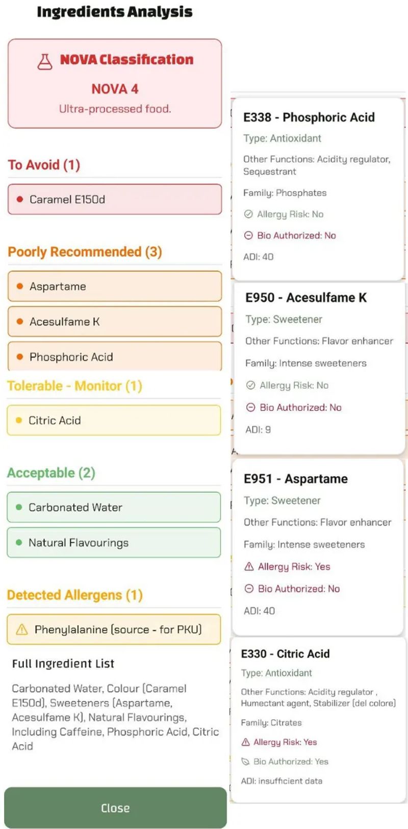 Screenshot from the Luminatens app analyzing Diet Coke, showing Aspartame, Acesulfame K, and Caramel E150d, with a NOVA 4 classification.